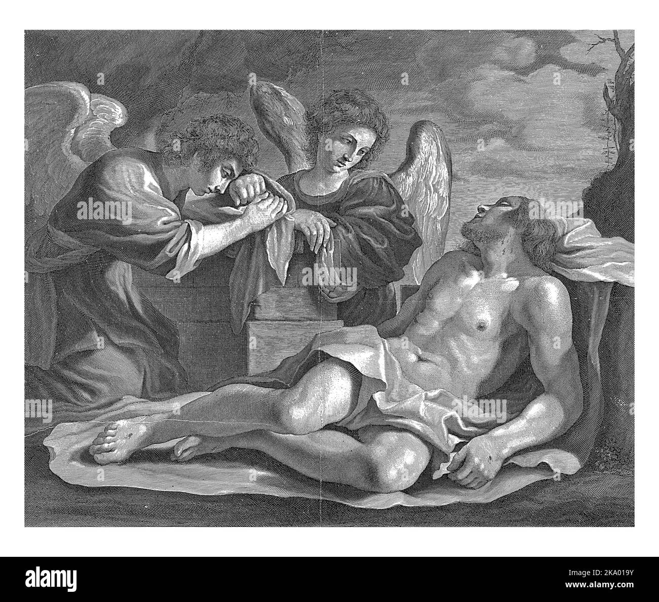 Due angeli piangono sul corpo di Cristo. Giace su un panno e le stimmate sono ben visibili. Foto Stock