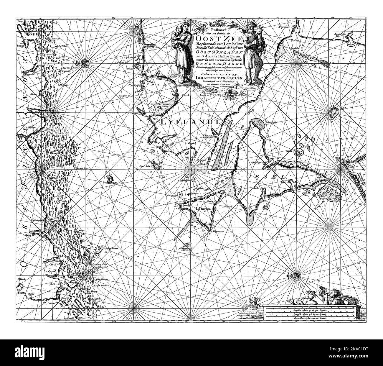 Mappa della foce del Golfo di Finlandia nel Mar Baltico, con due rose a bussola, il nord è sulla destra. In cima una cartouche con il titolo e l'annuncio Foto Stock