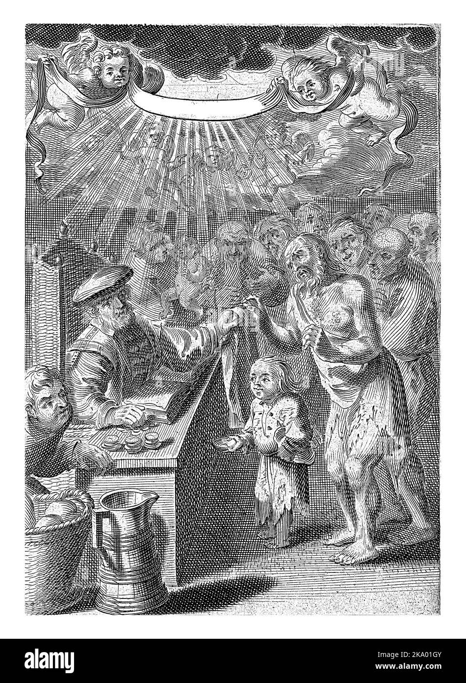 Dietro un bancone ci sono due uomini, che distribuiscono vestiti, cibo, bevande e denaro ai poveri. Due putti mostrano un banderolo con il titolo. Foto Stock