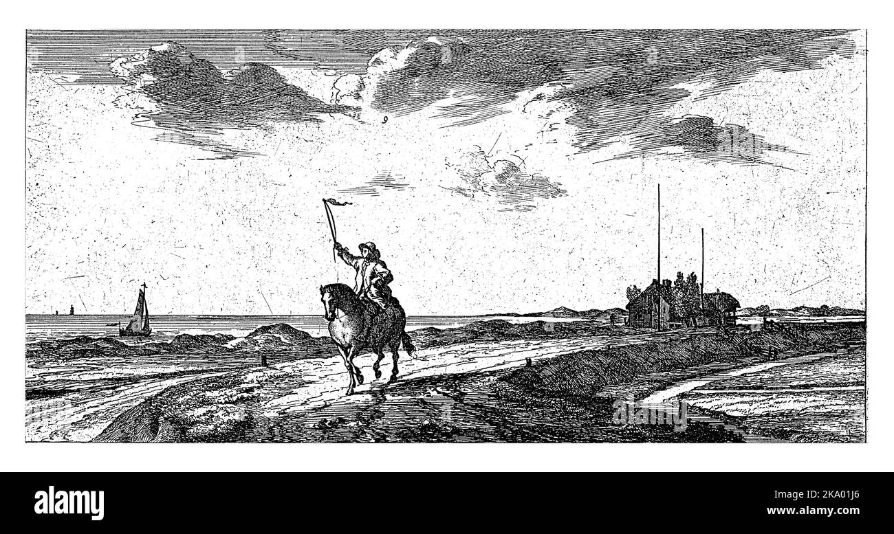 Il postino guida il suo cavallo lungo la spiaggia. Segnala ad una nave di passaggio. Foto Stock