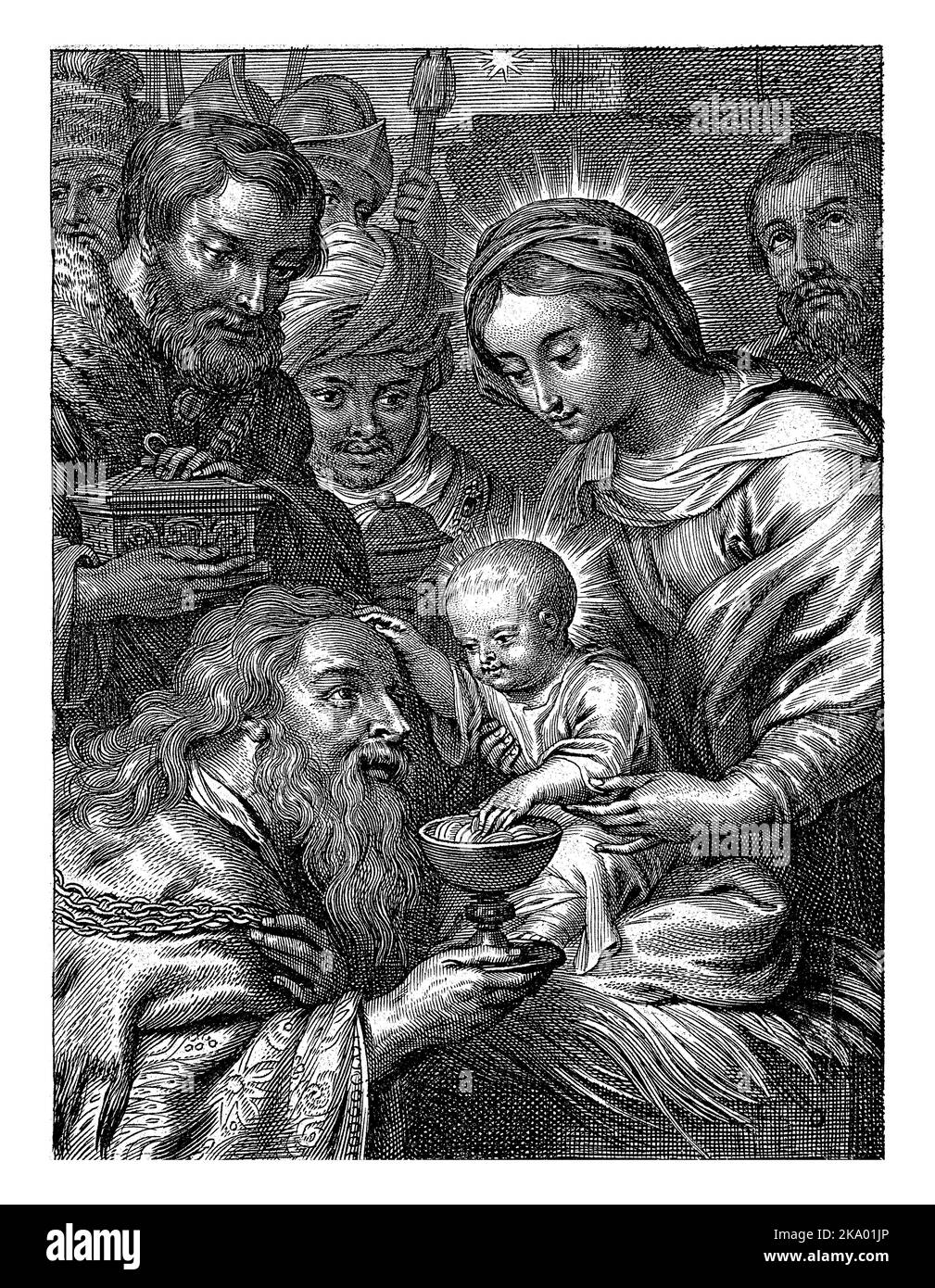 Maria è seduta con il bambino in grembo. Davanti a loro i tre re con doni. La stella di Betlemme è visibile attraverso la finestra. Foto Stock
