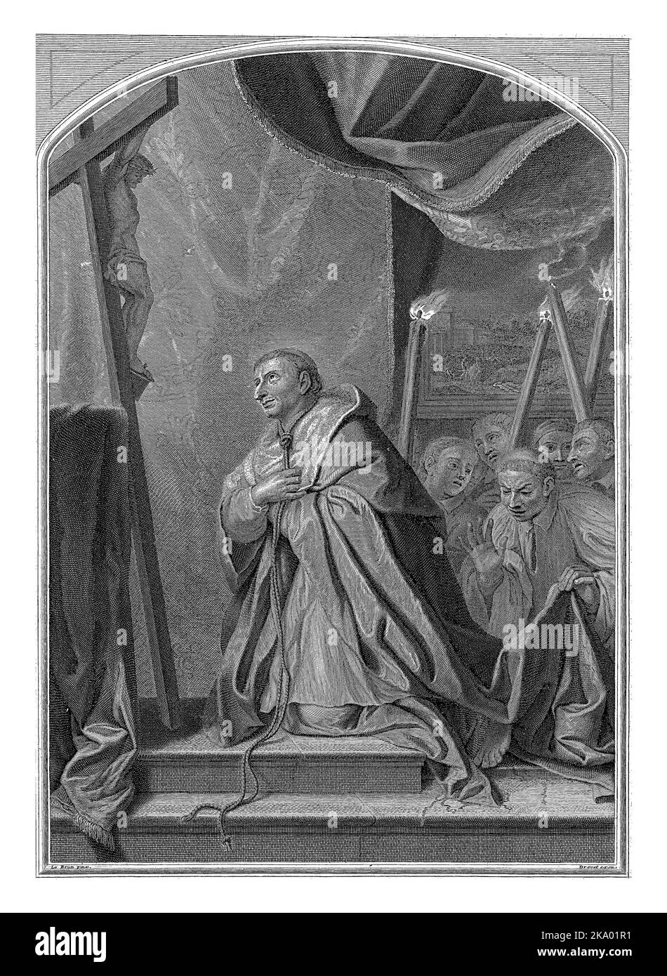 Saint Charles Borromeo, anonimo, dopo Gerard Edelinck, dopo Charles le Brun, 1666 - 1757 Saint Charles Borromeo a piedi nudi e legati intorno al collo Foto Stock