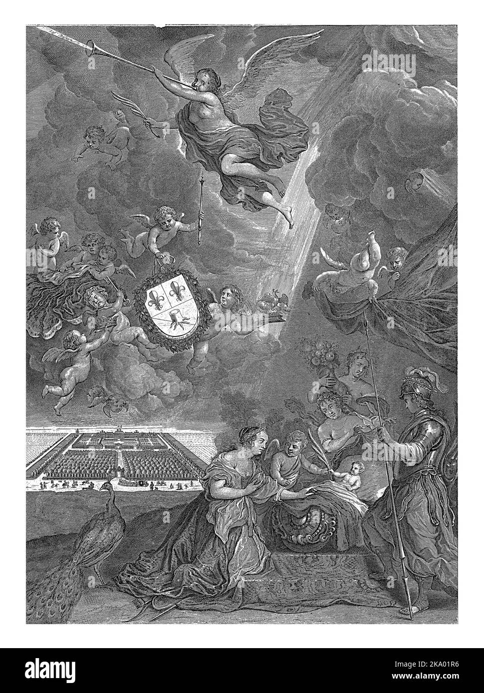 Allegoria della nascita del Principe Guglielmo III, 14 novembre 1650. Minerva, Giunone e Cupido e Flora si inginocchiano intorno alla culla con il bambino. Foto Stock