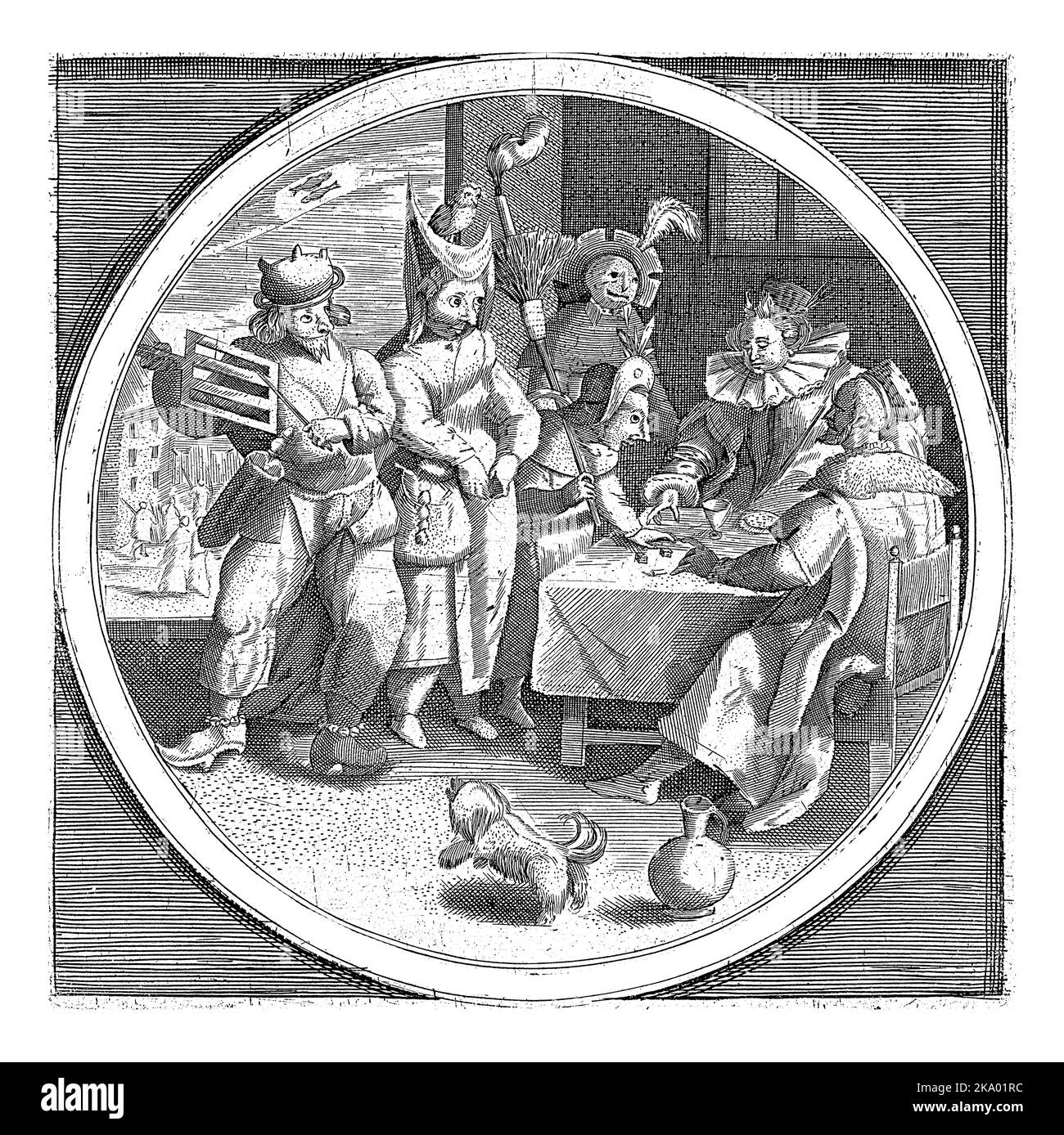 Il mese di febbraio: Interno con figure mascherate e una coppia che gioca a dadi intorno a un tavolo festeggiando Shrove Martedì. In alto a sinistra il segno dello zoom Foto Stock