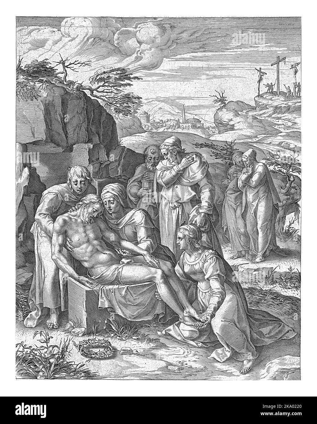 Entombment di Cristo, Cornelis Cort, dopo Giulio Clovio, 1568 davanti all'apertura in una roccia, il corpo di Cristo giace su una pietra, sostenuta da Mar Foto Stock