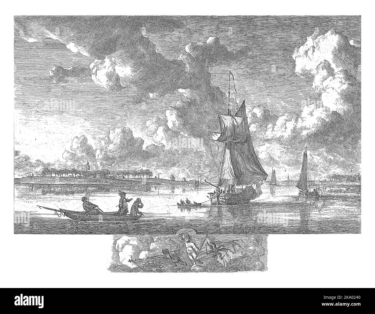 Paesaggio fluviale con l'incidente in cui il ponte imperiale Louis salpò oltre Fort Lillo e la nave di guardia olandese fino a Scheldt, 8 ottobre 1784. Foto Stock