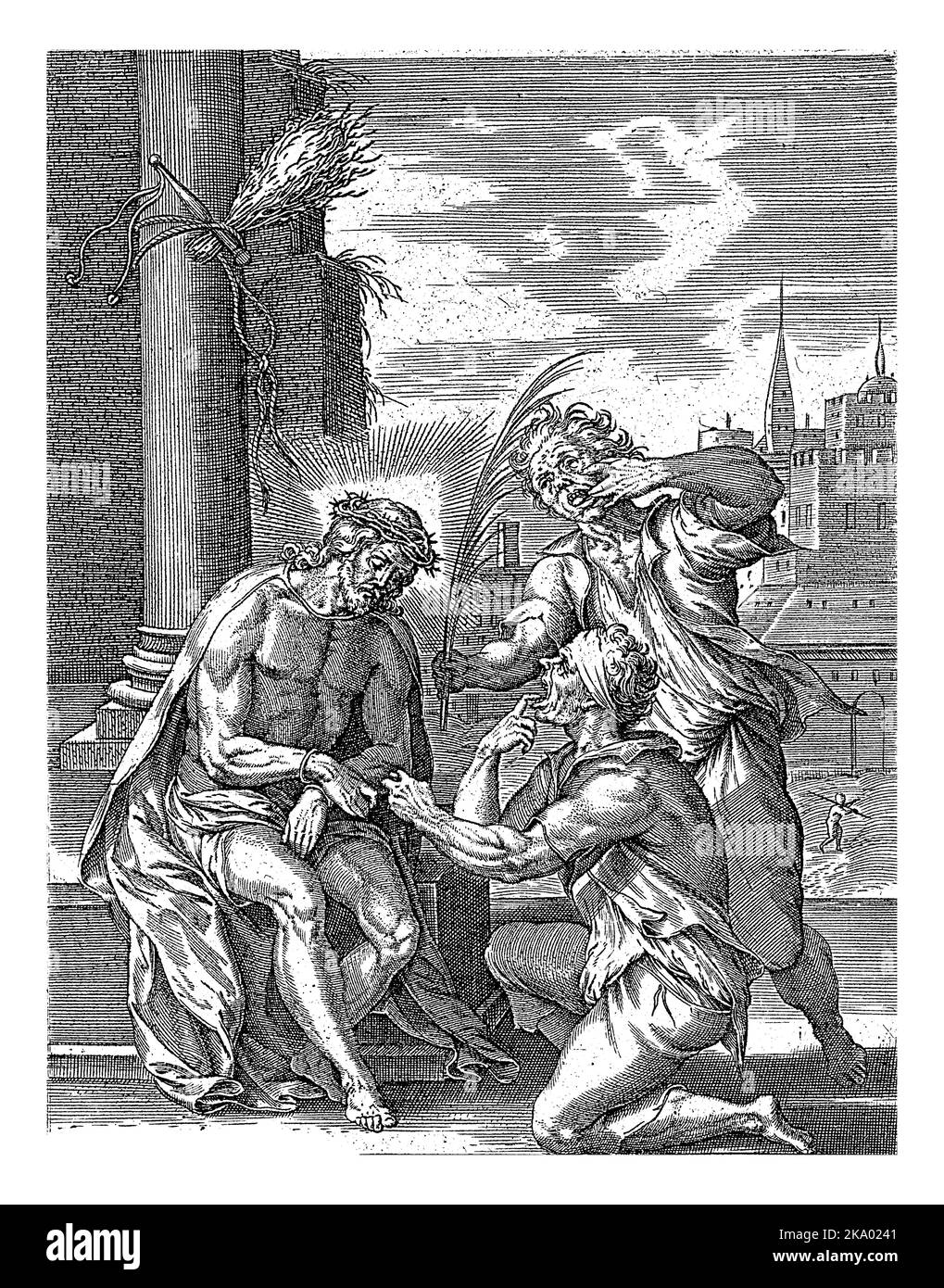 Scherzo di Cristo, Hieronymus Wierix, 1563 - prima del 1573 il Cristo, legato con corde, è deriso da due Giudei dopo la sua incoronazione di spine. Foto Stock