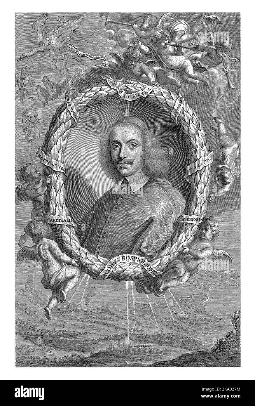 Ritratto del cardinale Giacomo Rospigliosi, Richard Collin, c. 1668 - c. 1697 Busto del cardinale in una cornice ovale portata dagli angeli. Foto Stock
