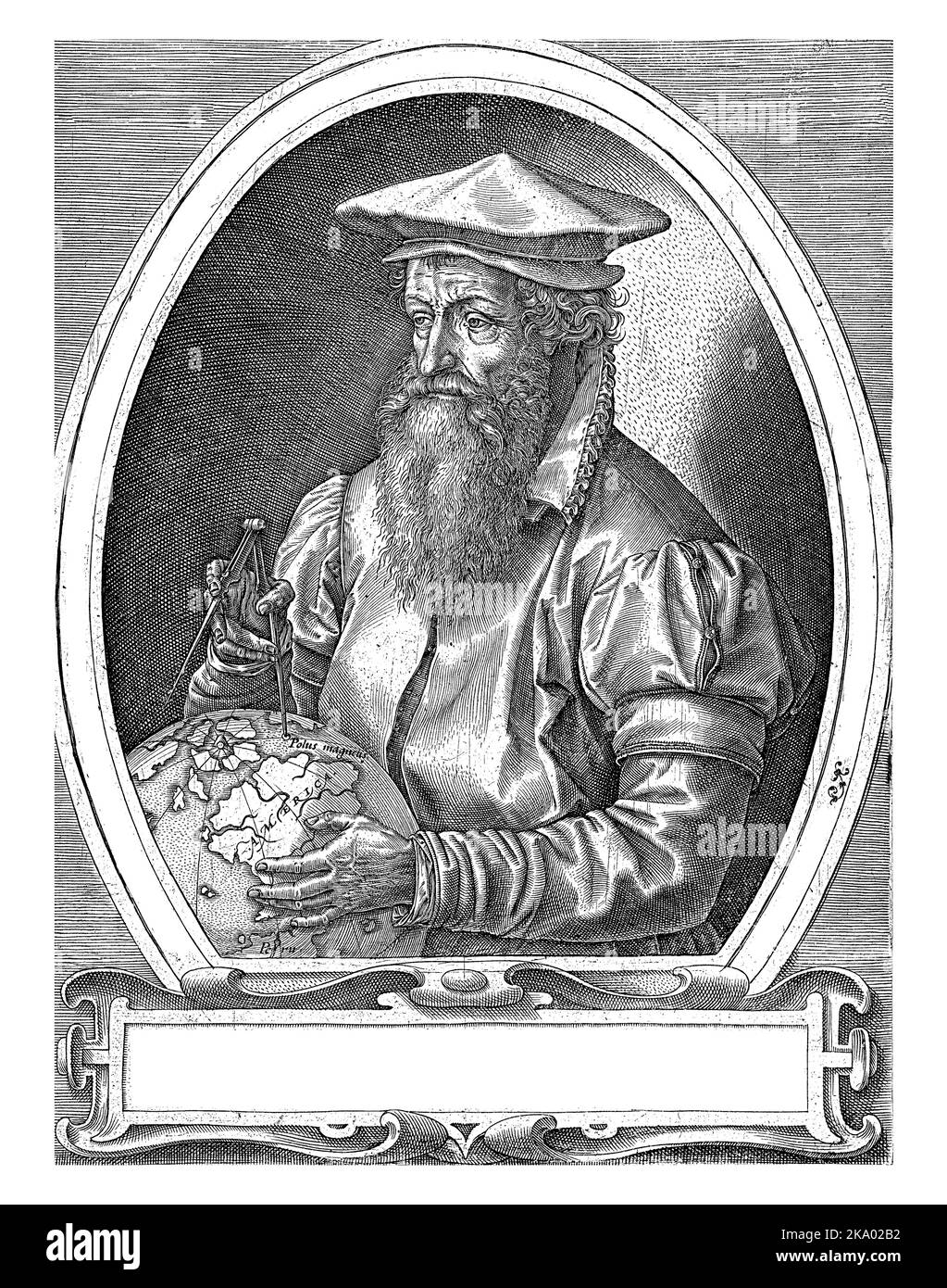Gerardus Mercator, ovale a metà lunghezza; un globo e una bussola nelle sue mani. Foto Stock