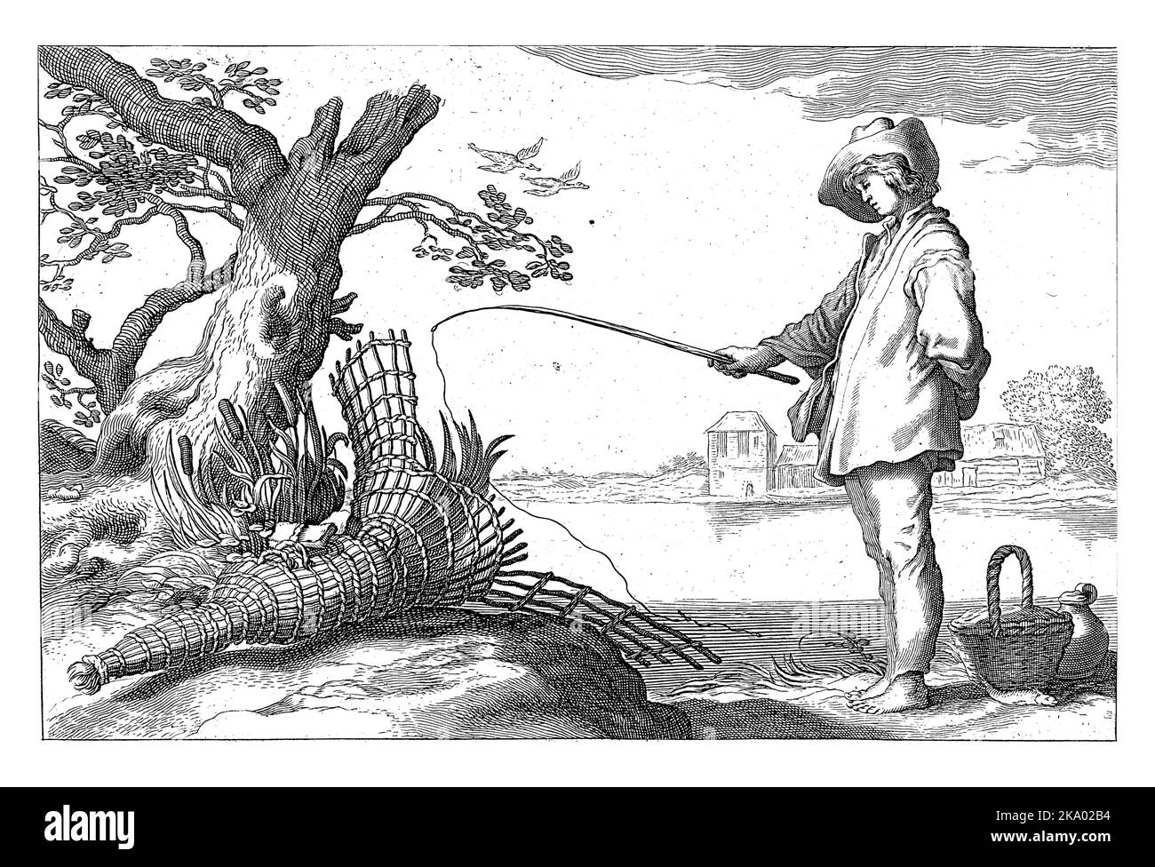 Un giovane si trova accanto a un cesto e una brocca sul bordo di un lago, appoggiandosi leggermente in avanti su una lenza da pesca. Sulla destra c'è un albero sotto il quale Foto Stock