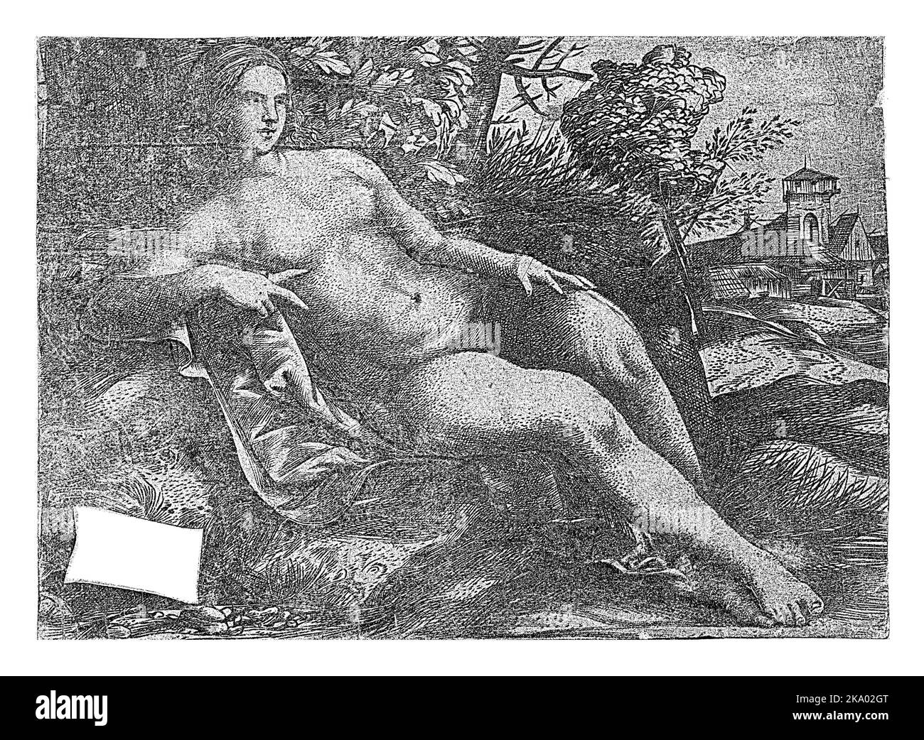 Venere reclinata nel paesaggio, Domenico Campagnola, 1517, annata incisa. Foto Stock