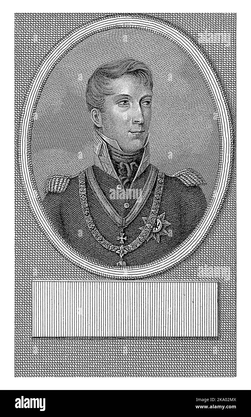 Ritratto di re Willem II come principe ereditario, Jacob Ernst Marcus, 1816 Ritratto di Guglielmo II, successivamente re dei Paesi Bassi, come principe ereditario, vintage e. Foto Stock