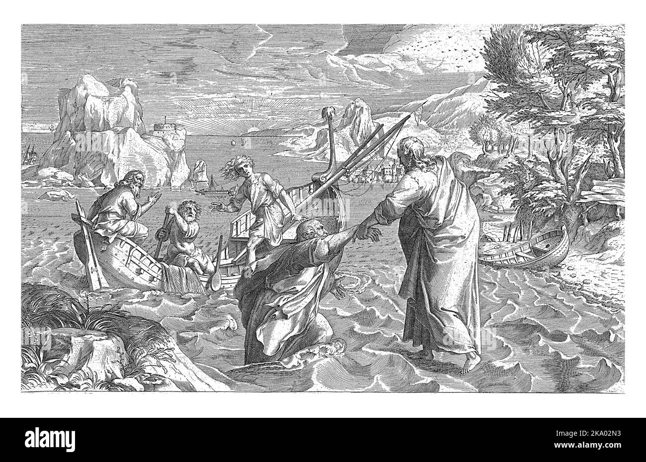 Cristo cammina attraverso l'acqua fino ad una barca da pesca con gli apostoli; le onde lo portano. Pietro va verso di lui, ma affonda. Cristo lo tira fuori dalla wa Foto Stock