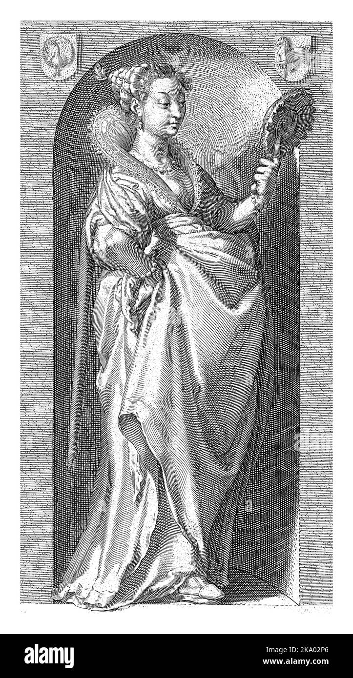 Personificazione della vanità o dell'orgoglio, raffigurata come una figura femminile riccamente vestita che guarda in uno specchio. Foto Stock