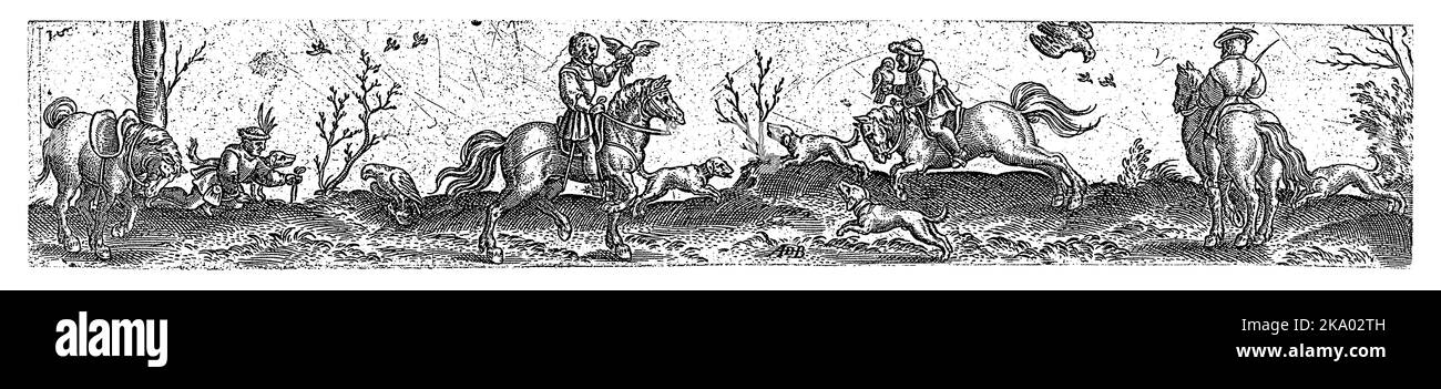 Quattro cavalieri su un falconeria. Due falconieri si avvicinano l'uno all'altro con un falco in mano. A destra c'è un cavaliere che guarda la caccia al suo falco. Acceso Foto Stock