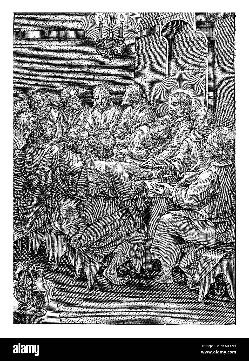 Ultima cena, Hieronymus Wierix, 1563 - prima del 1619 Cristo e i suoi discepoli intorno ad una tavola. Cristo siede al centro e Giovanni si appoggia contro di lui. Foto Stock