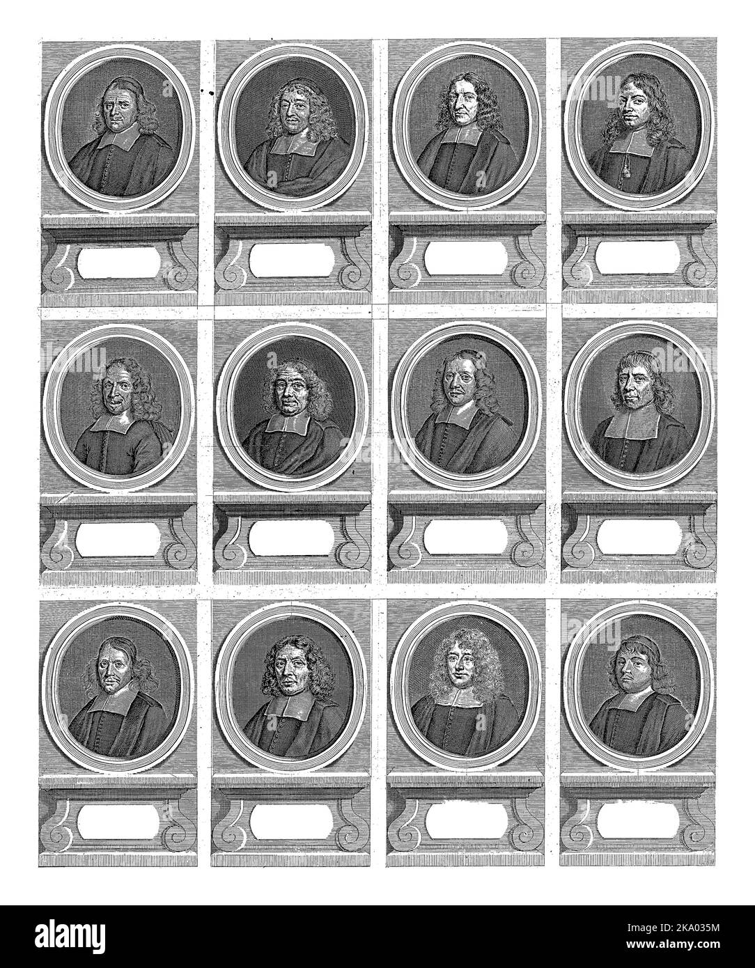 Metà sinistra con dodici ritratti di due pagine di ventiquattro pastori di Amsterdam, che lavorarono per la Chiesa Riformata tra il 1681 e il 1686. Foto Stock