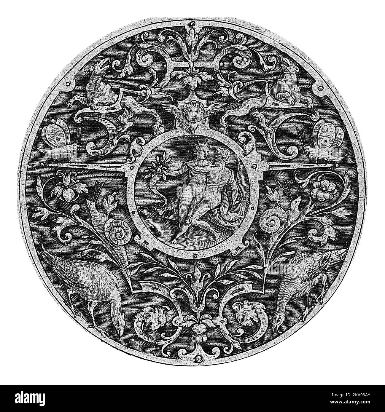 Foglio 2 di 5 fogli numerati da una serie di 12. Intorno al medaglione si trova un bordo di grottesche con due uccelli e due lumache in fondo. Foto Stock