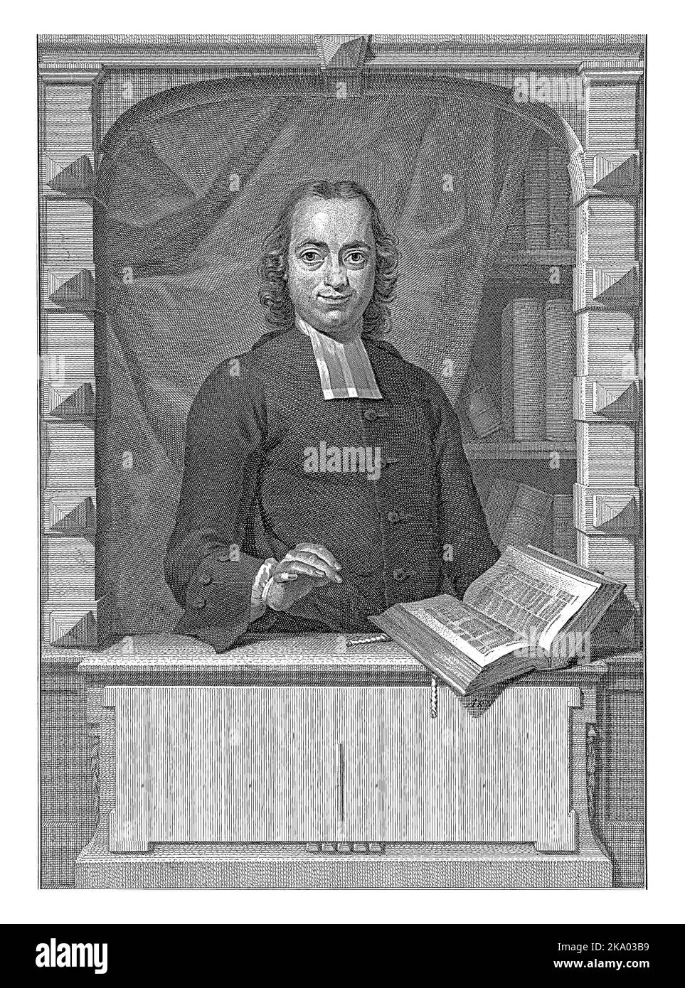 Ritratto a metà lunghezza di Johannes Henricus Westerhoff, in una cornice architettonica a forma di finestra, con una Bibbia aperta davanti a lui. Foto Stock