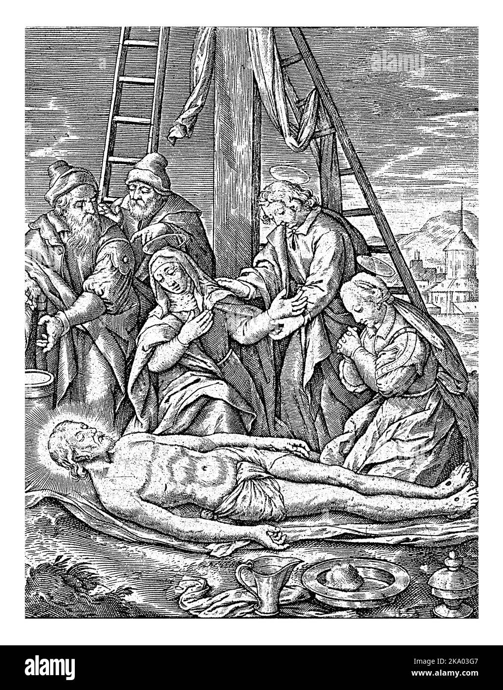 Lamentazione di Cristo, Geronymus Wierix, 1563 - prima del 1619 Maria, Maria Maddalena e Giovanni Evangelista, e altri, lutto per il corpo di Cristo. Foto Stock