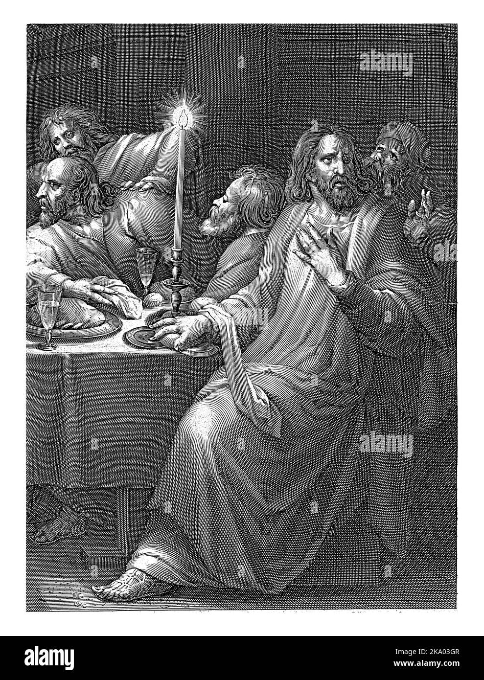 Cinque discepoli a tavola all'ultima cena. Sul tavolo una candela che brucia, bicchiere una ciotola con cibo. Foto Stock