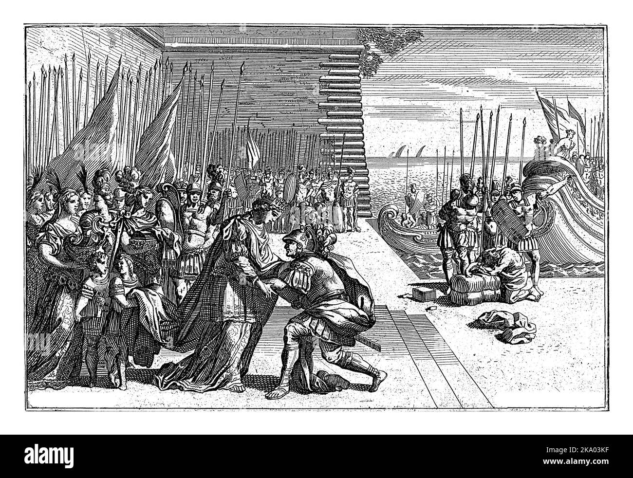 Al bordo dell'acqua, un comandante si inginocchia davanti ad una regina, con una grande retinue dietro di lei. Foto Stock