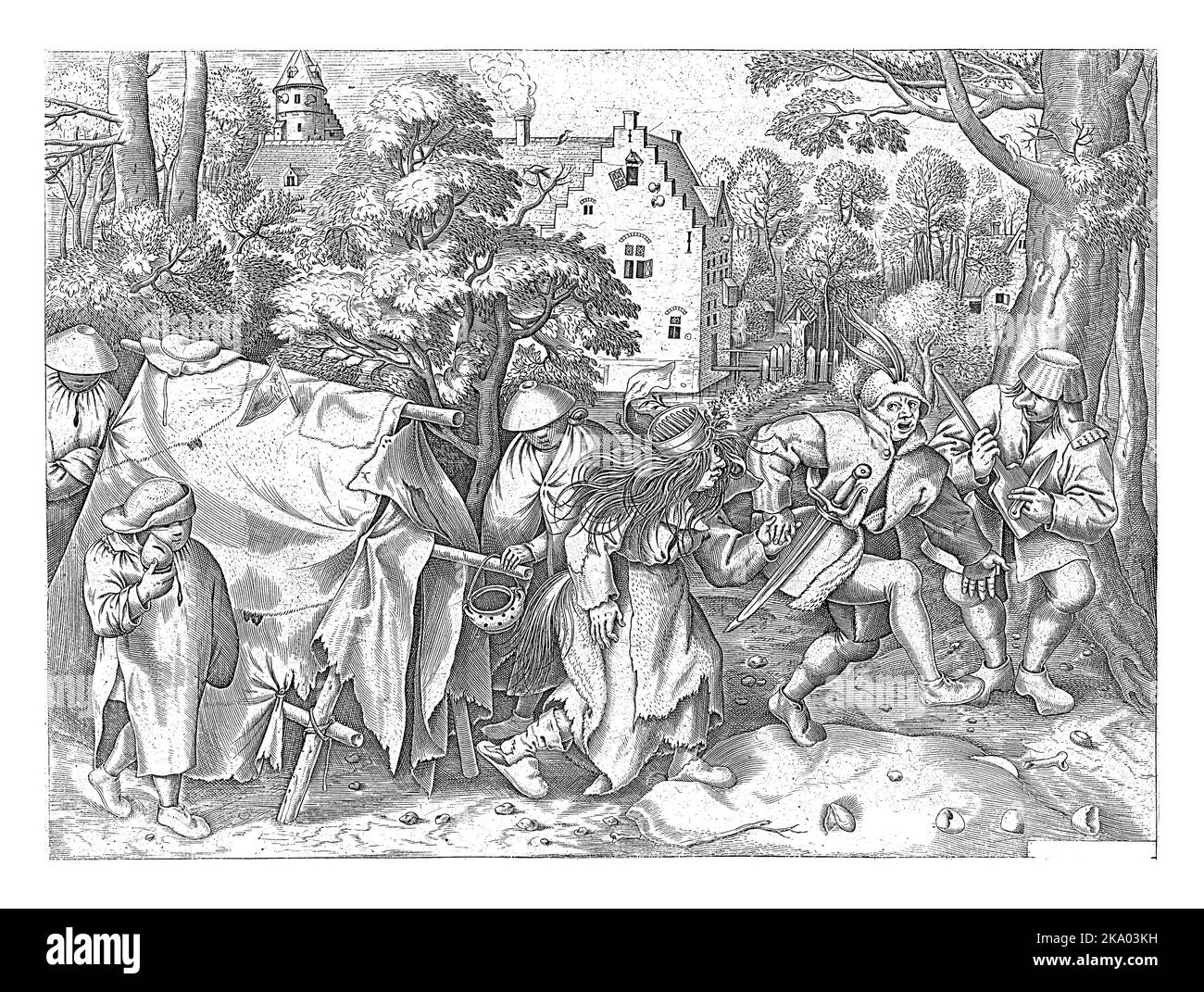 Mopsus, lo sposo con piume, raccoglie la sua sposa dowdy Nisa danzante da una tenda scabra. Foto Stock