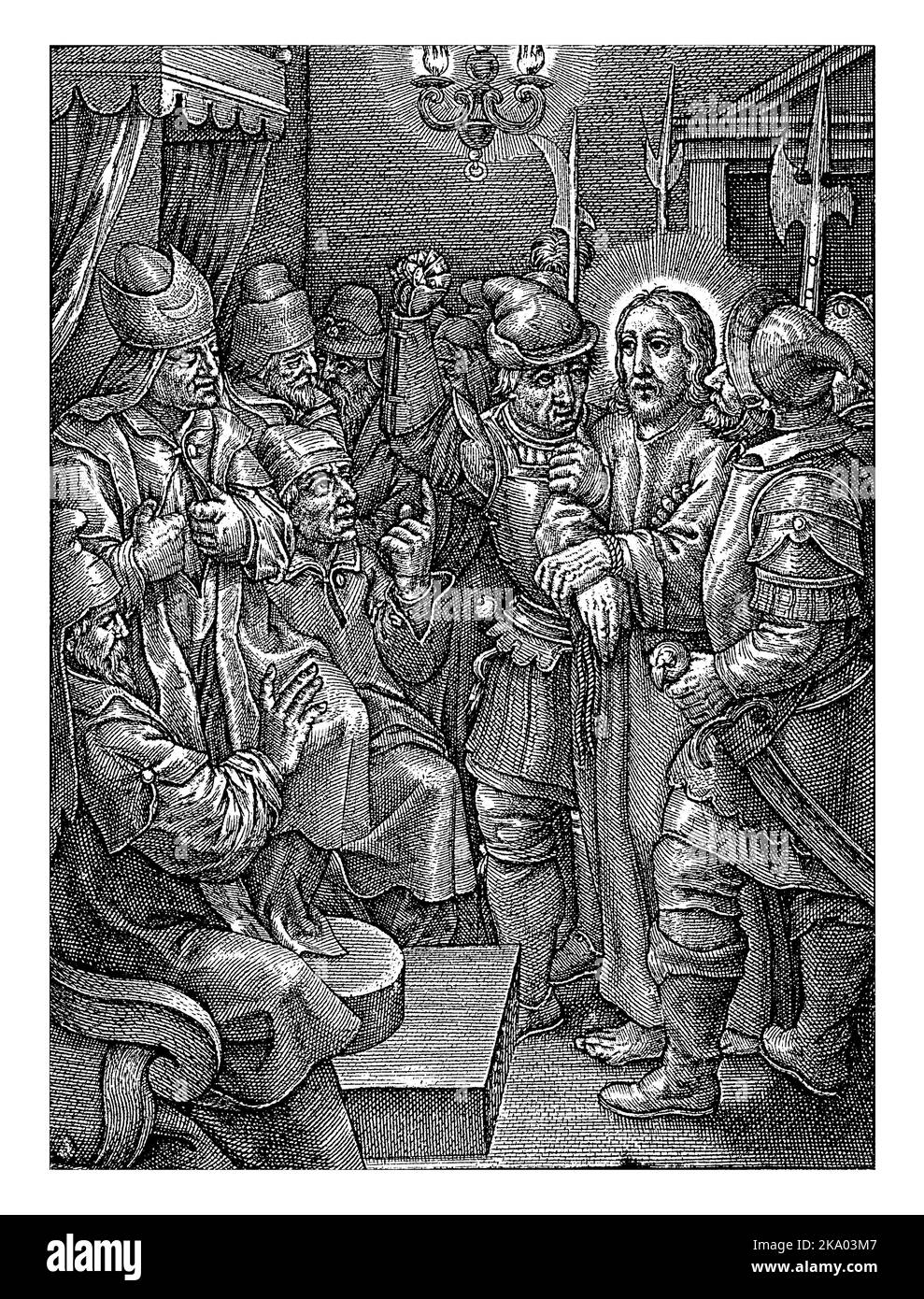 Cristo prima di Caiaphas, Hieronymus Wierix, 1563 - prima che 1619 soldati prendano il Cristo ammanettato per il braccio. È provato da Caiaphas. Foto Stock