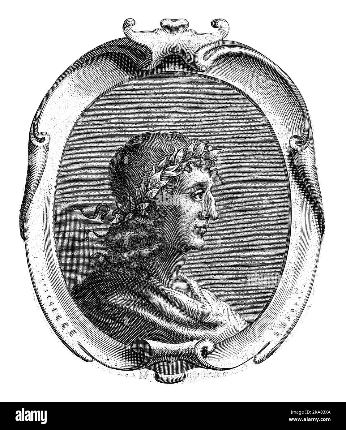 Pagina da un libro, con un ritratto del poeta con corona di alloro. Testo stampato sotto l'immagine e sul verso. Foto Stock