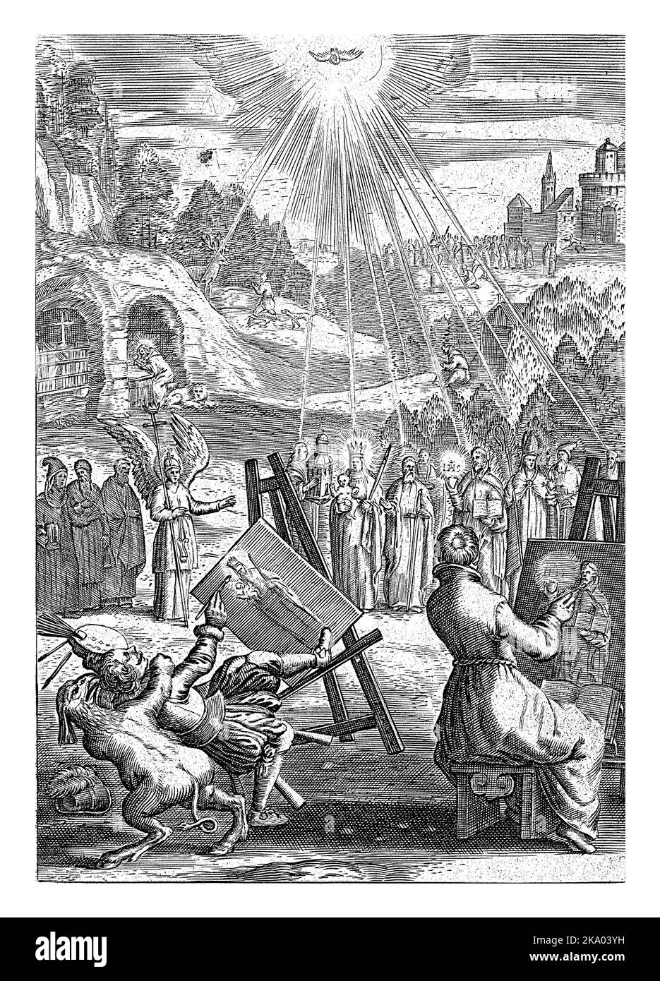 Due uomini e un chierico siedono dietro un cavalletto e dipingono ritratti di un santo. Un angelo mostra loro un gruppo di santi con il cui esempio possono vivere. Foto Stock