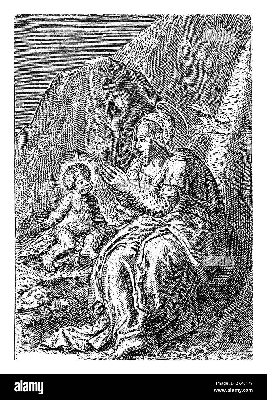 Adorazione di Maria, Carlo di Mallery, 1581 - c.. 1645 in un paesaggio roccioso Maria si adora per il Cristo Bambino seduto accanto a lei. Sotto il Foto Stock