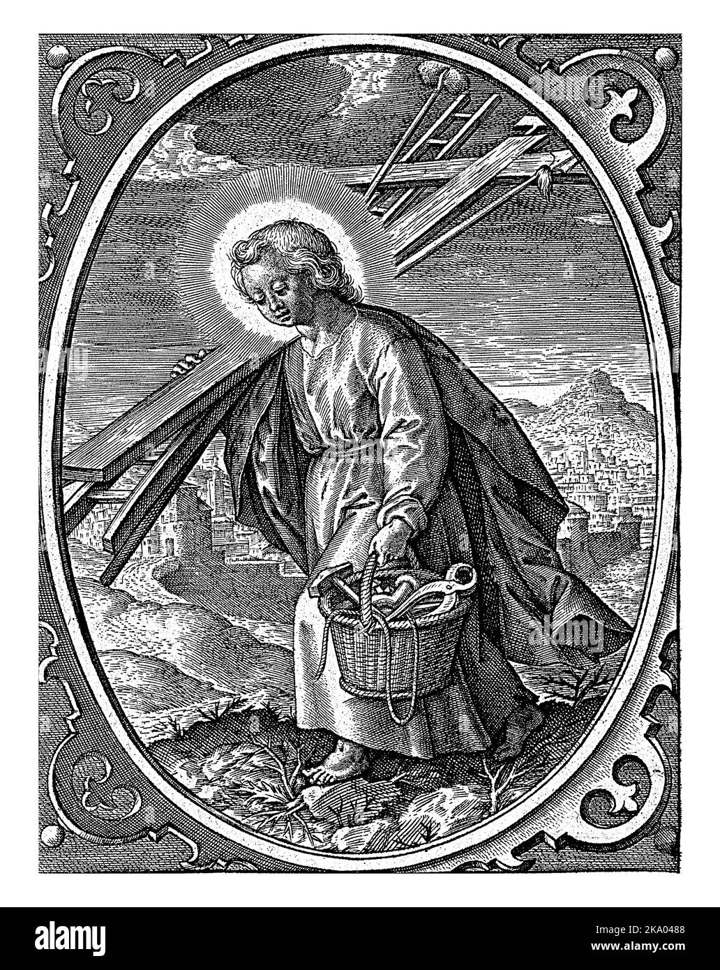 Cristo Bambino che porta gli strumenti della Passione, Hieronymus Wierix, 1563 - prima del 1619 il Cristo Bambino cammina su un sentiero disseminato di spine. Il Bambino Foto Stock