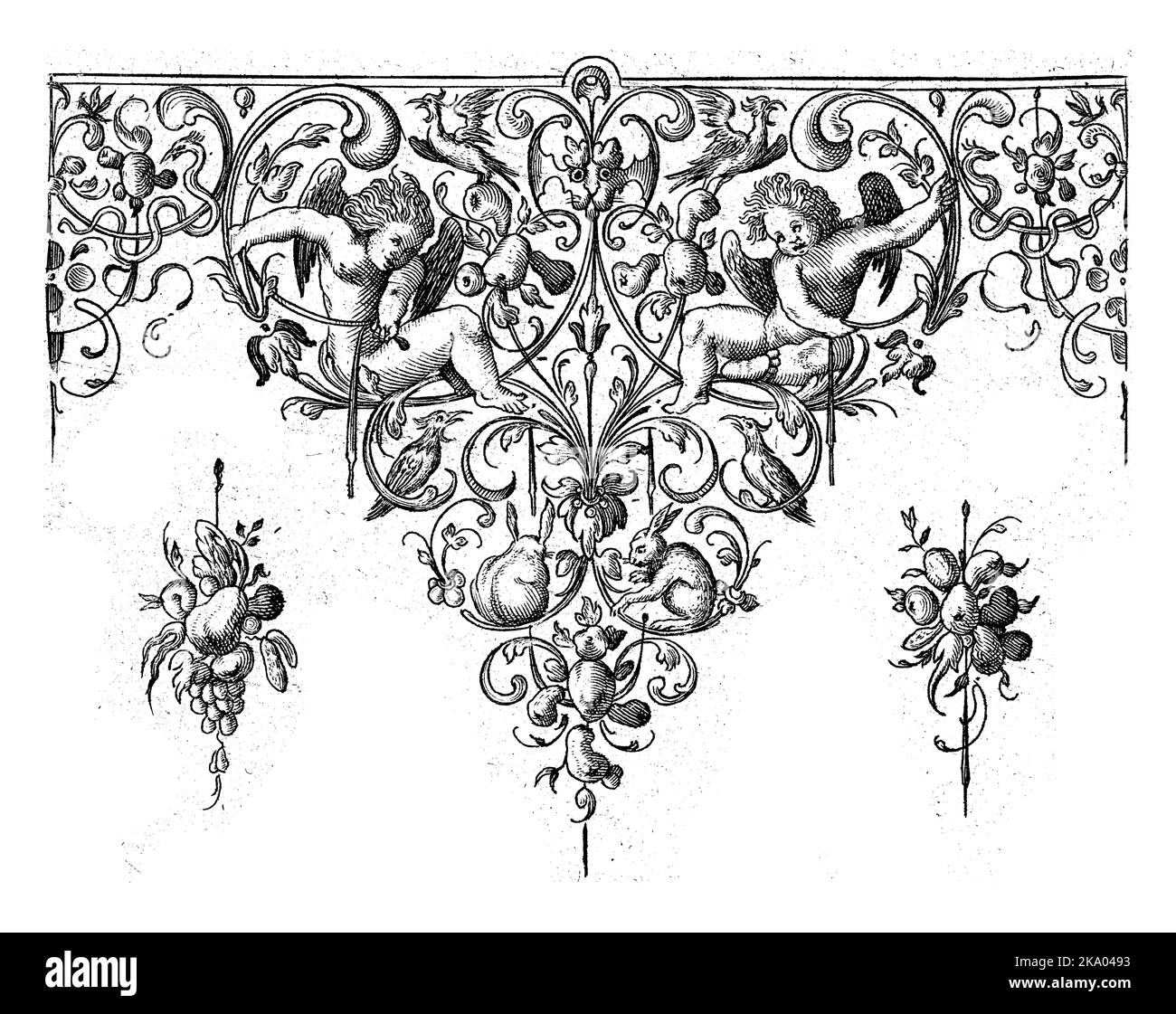 Tra i cherubini ci sono due conigli. Foglio 3 da una serie di 14 fogli con esempi di bordi decorativi incisi di tazze in forma di triangoli co Foto Stock