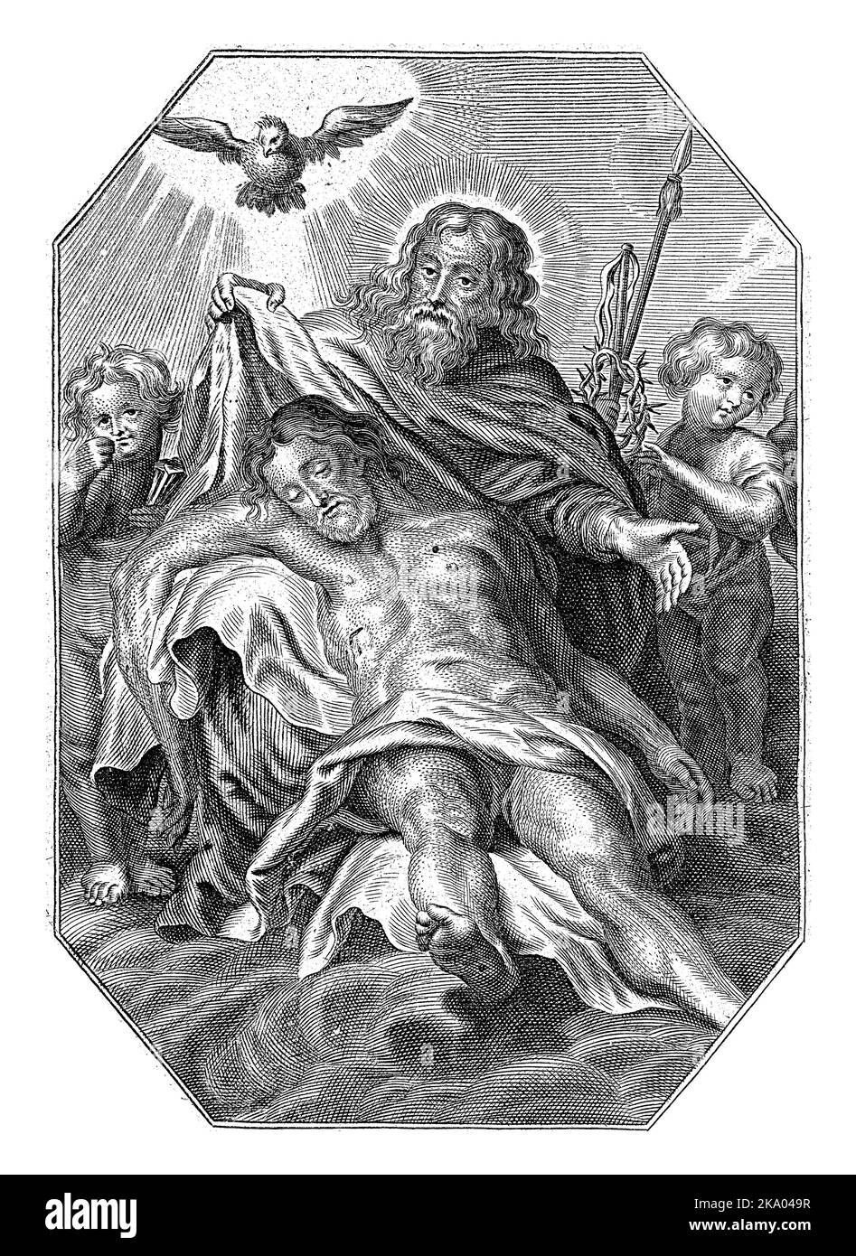 Dio Padre con il corpo di Cristo, Cornelis Galle (II), 1638 - 1678 Dio Padre con il corpo di Cristo nel suo grembo. Sopra di loro si sollevano gli Hol Foto Stock