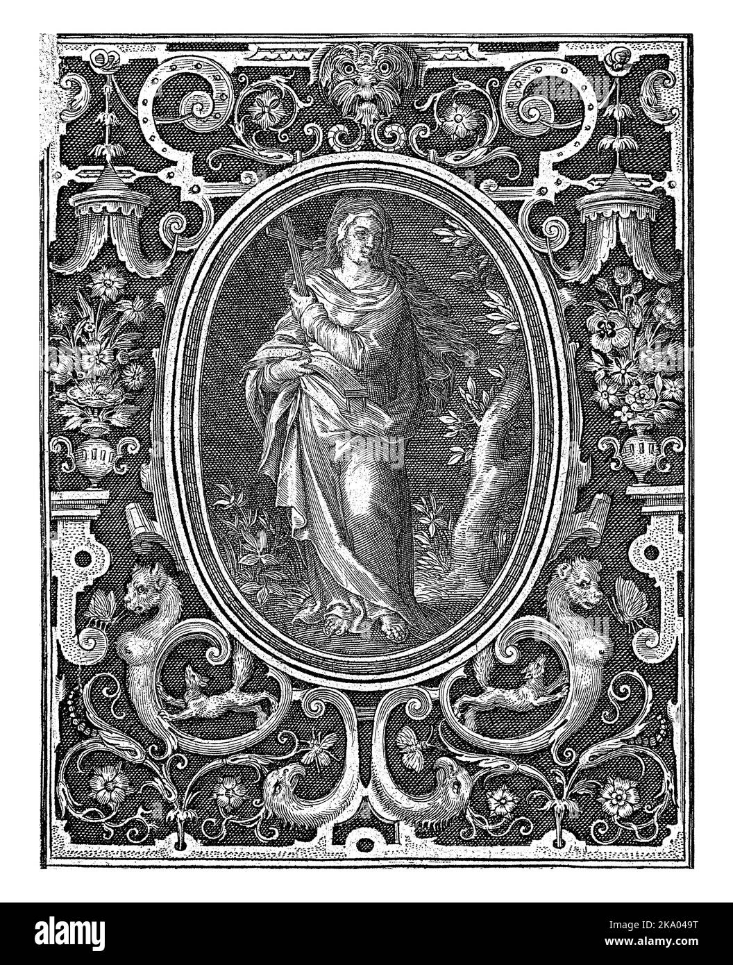 Foglio 1 di una serie di 4 fogli numerati con decorazioni superficiali. Fides, personificazione della fede, in piedi ovali. Nel riquadro a sinistra e a destra Foto Stock