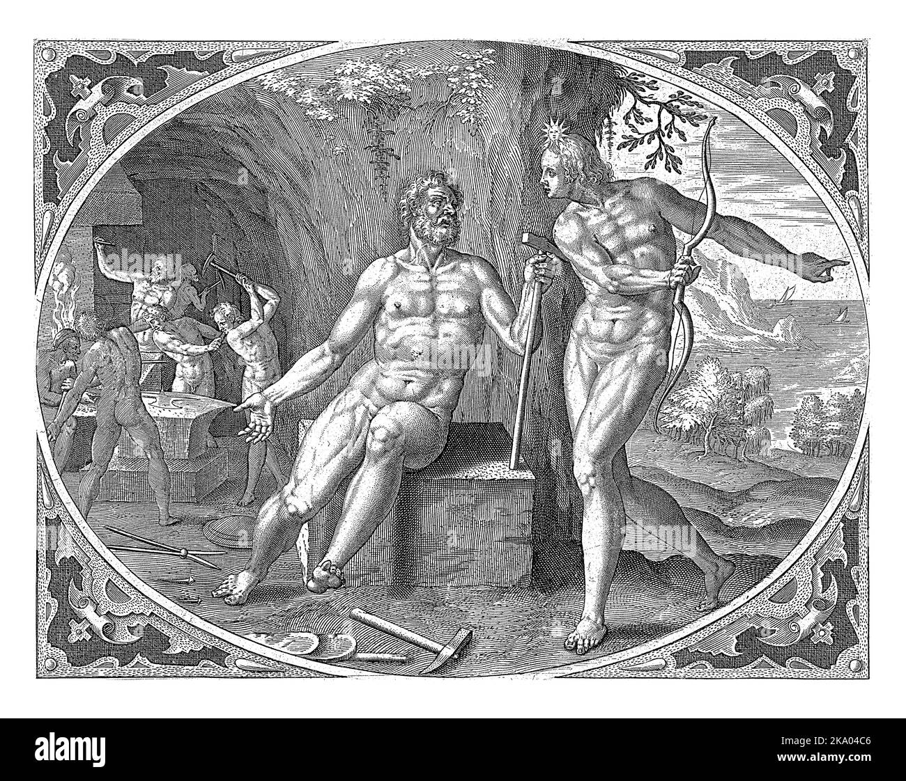 Phoebus informa Vulcan dell'adulterio, Jan Collaert (II), dopo Philips Galle, 1576 - 1628 cornice ovale con Phoebus e Vulcanus nella fucina. Foto Stock