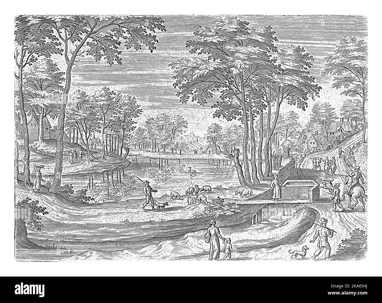 Vista sul canale Ixelles, vicino a Bruxelles. Alcuni escursionisti lungo il canale. La stampa fa parte di una serie di volti provenienti dall'area di Bruxelles. Foto Stock