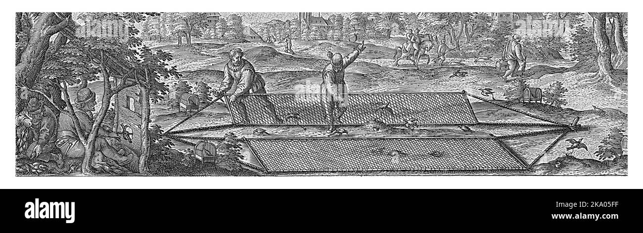 Con l'aiuto di un cacciatore di rete cattura finchi. La stampa ha una didascalia in latino ed è parte di una serie di 54 stampe. Foto Stock
