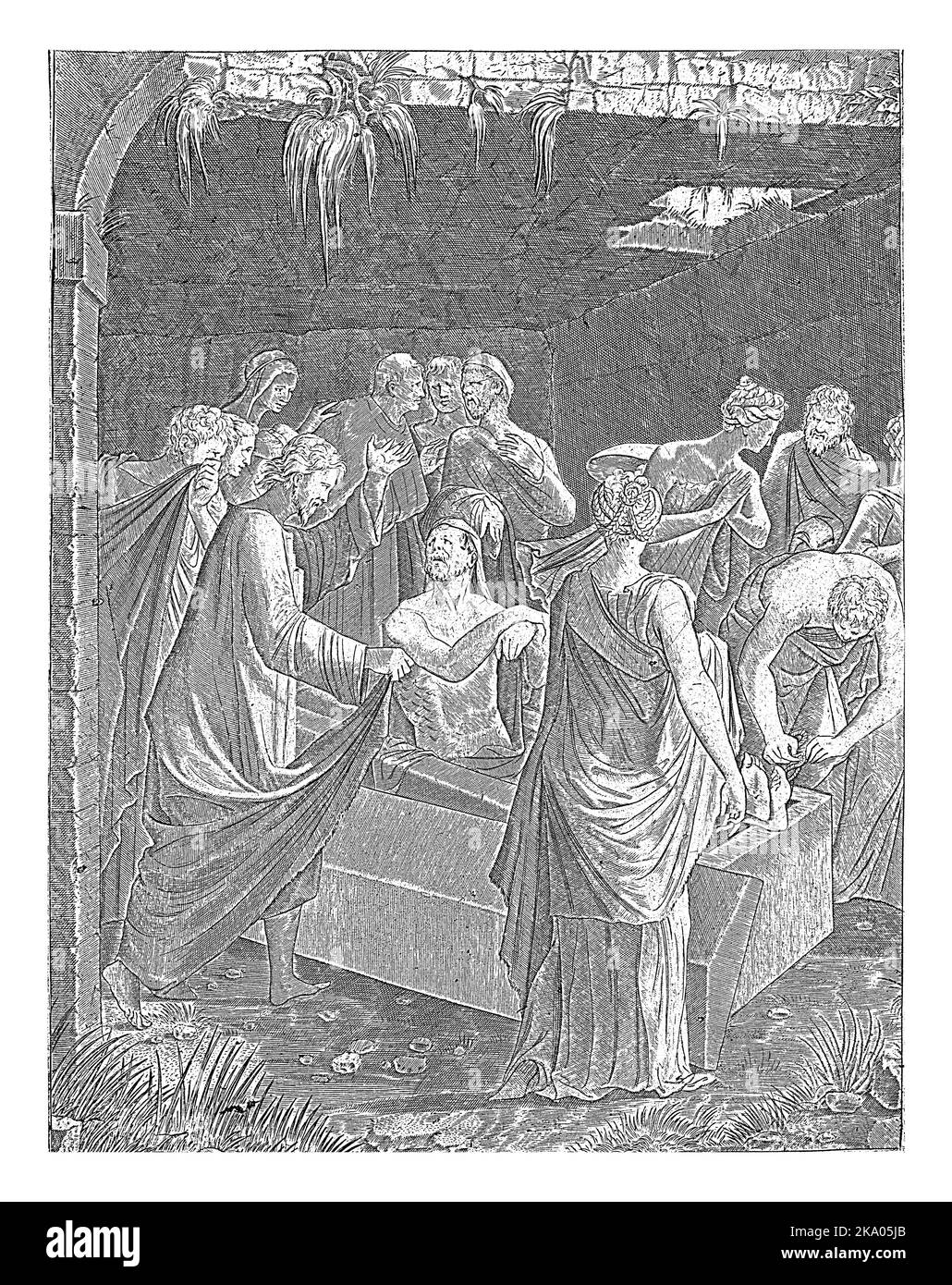 Cristo si trova sulla tomba aperta di Lazzaro e lo risuscita dai morti. Uomini e donne, uno dei quali copre il naso, vegliano. Foto Stock Cristo si trova sulla tomba aperta di Lazzaro e lo risuscita dai morti. Uomini e donne, uno dei quali copre il naso, vegliano. Foto Stock