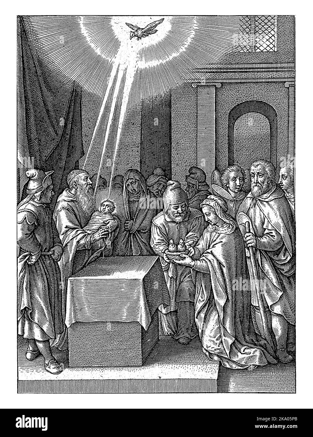 Presentazione al Tempio, Hieronymus Wierix, 1563 - prima del 1619 il sommo sacerdote Simeone tiene tra le sue braccia il Cristo Bambino, che è stato portato a te Foto Stock