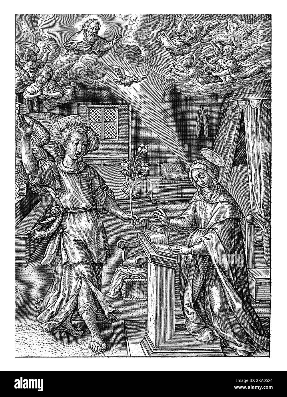 Annunciazione, Hieronymus Wierix, 1563 - prima delle 1619 Maria si inginocchia alla sua scrivania nella sua camera da letto. È visitata dall'angelo Gabriel. Lui le dice il th Foto Stock
