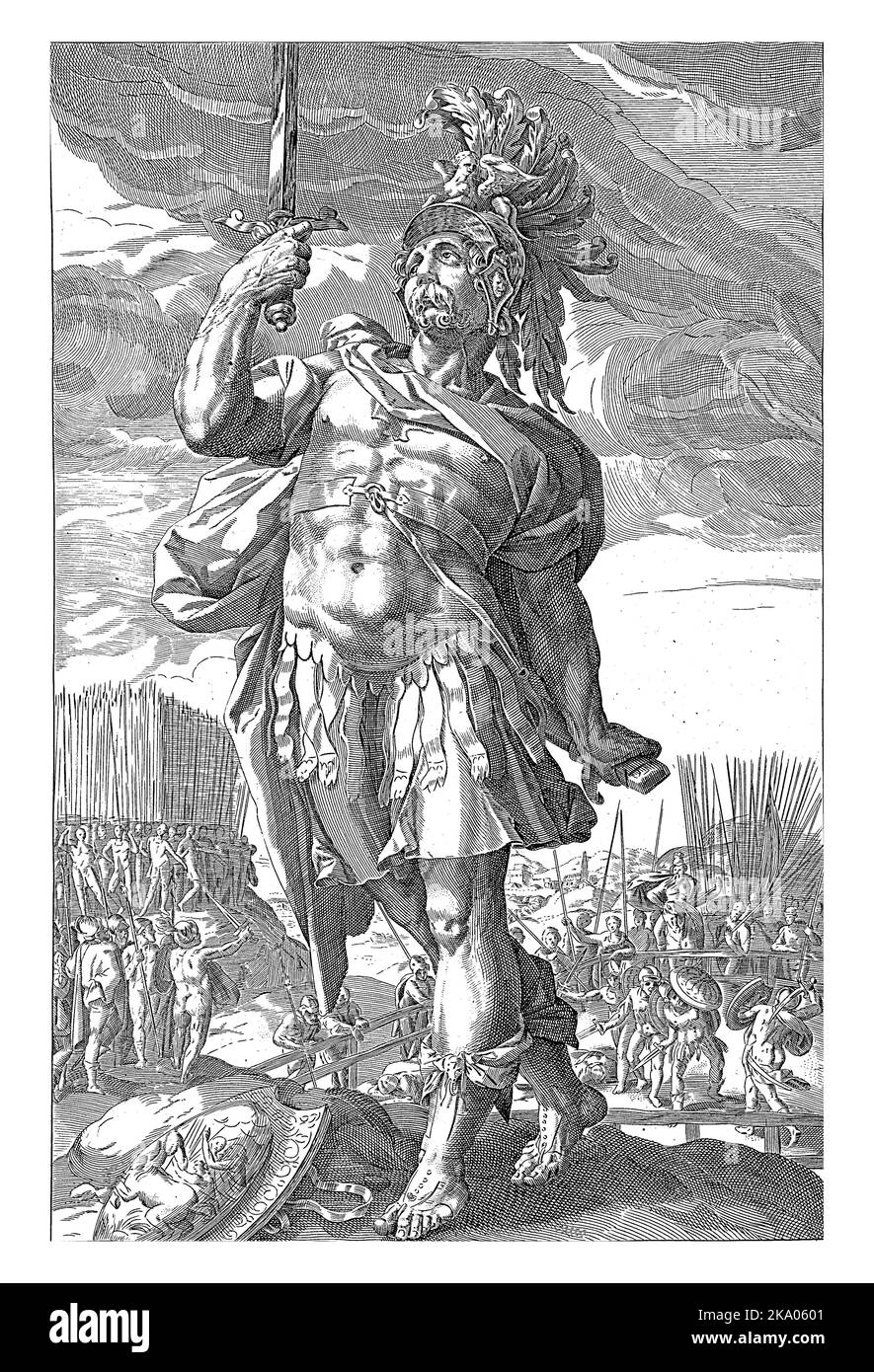 L'eroe Publius Horace a tutta lunghezza, una spada alzata nella mano destra. Sullo sfondo, può essere visto combattere da solo contro tre avversari all'interno Foto Stock
