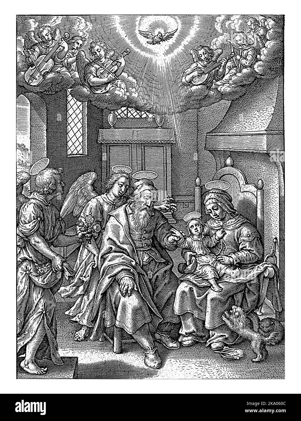 Maria in grembo a sua madre Anna, Hieronymus Wierix, 1563 - prima del 1619 la giovane Maria siede in grembo a sua madre Anna. Accanto a loro è suo padre Joachi Foto Stock