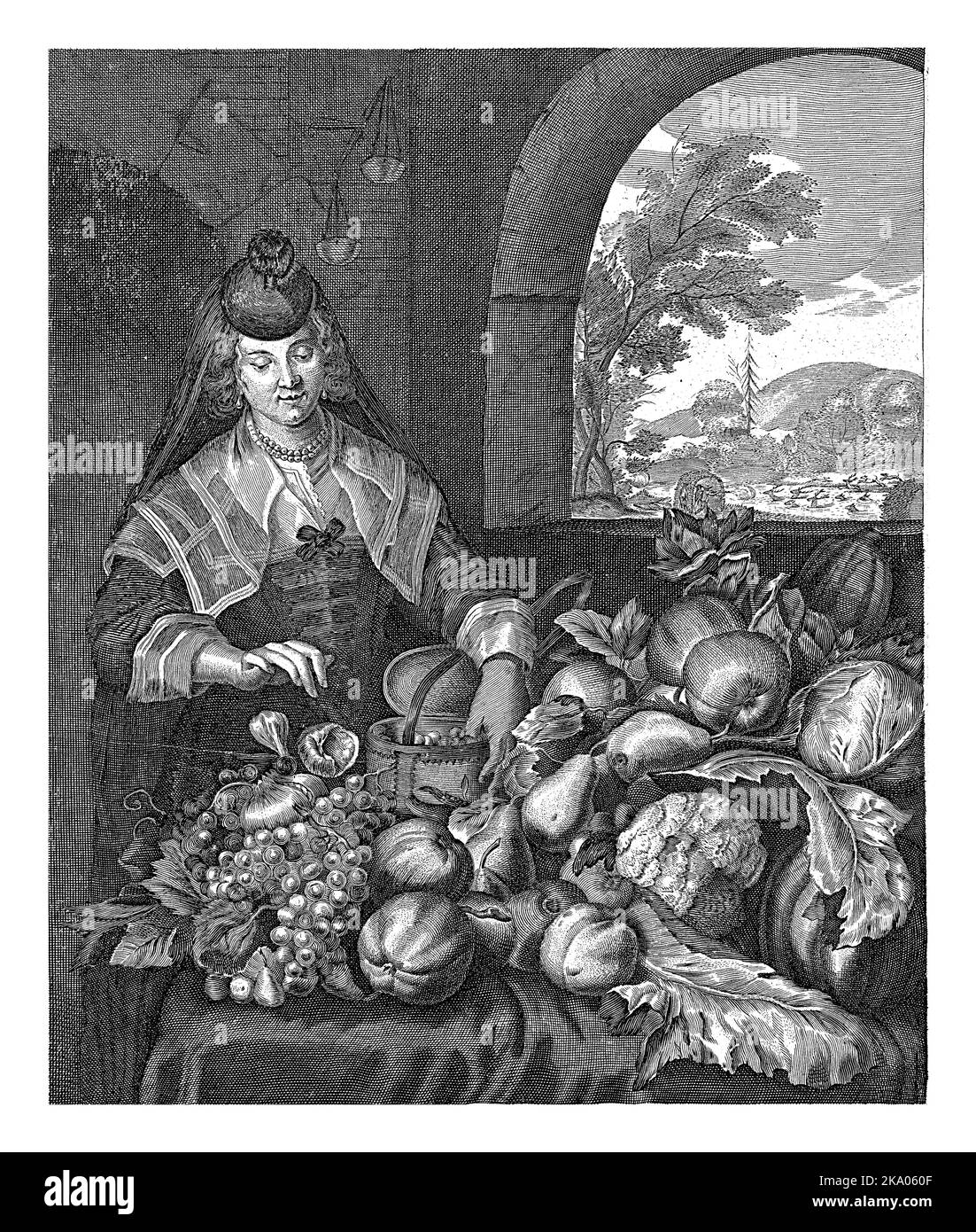 Nel mese di settembre, presentato come una donna distinta in piedi al tavolo sovraccaricato di frutta e verdura. Foto Stock