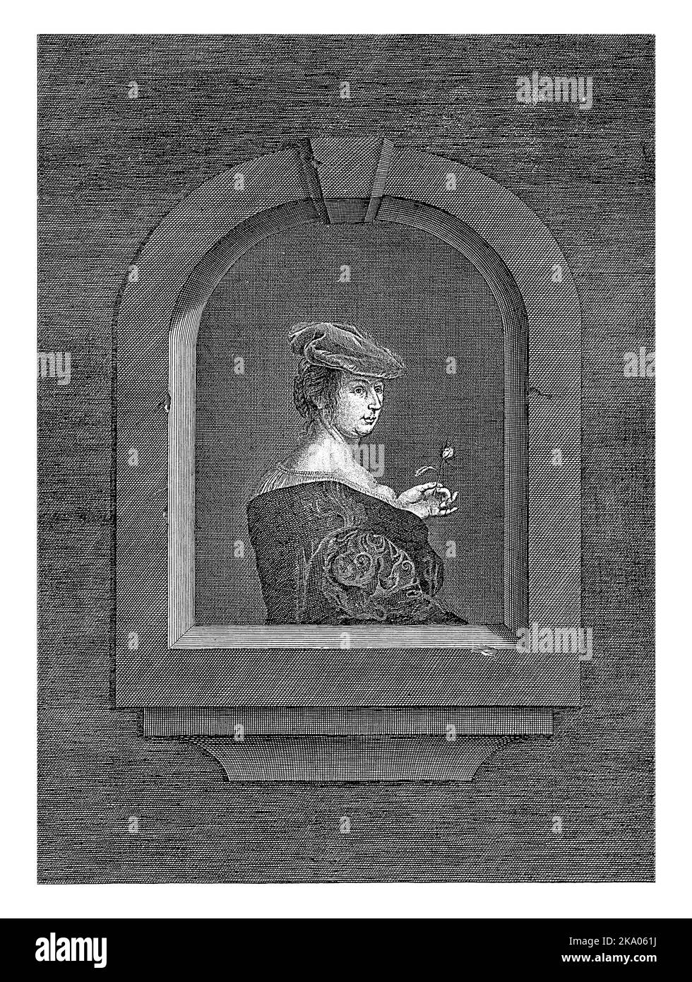 Signora con berretto e vestito con scollo tuffante in finestra, anonimo, dopo Frans van Mieris, 1600 - 1800 Signora con berretto e vestito con nc tuffante Foto Stock