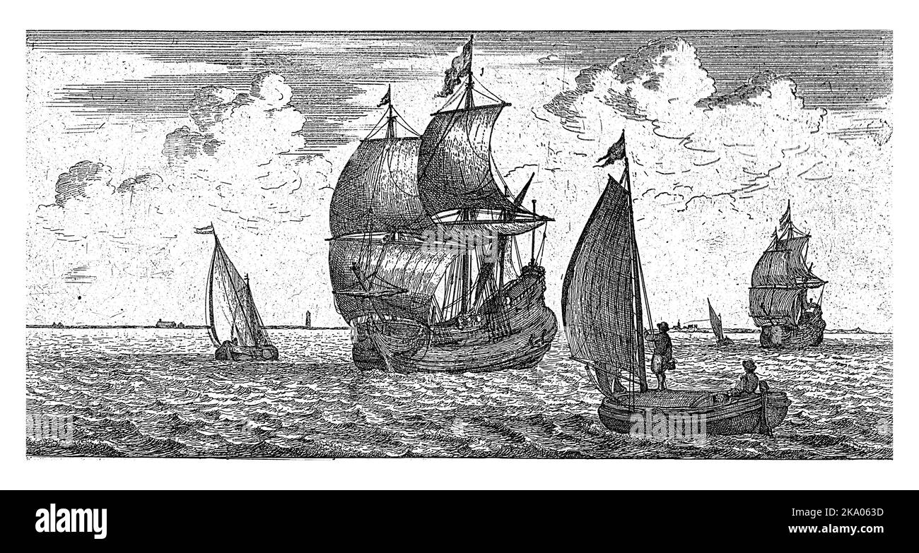 Sul Mare del Nord, un'imbarcazione postale naviga verso una nave per ricevere la posta. Foto Stock