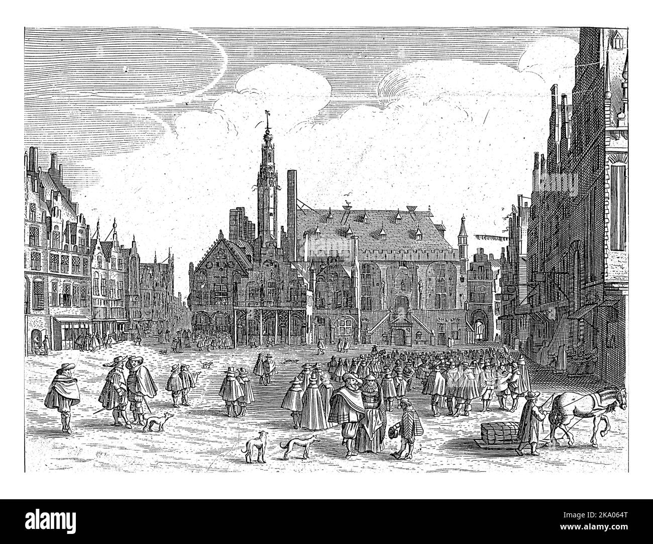Vista del Grote Markt con il municipio di Haarlem, anonimo, Jan van de Velde (II), dopo Pieter Jansz. Saenredam, 1643 - 1677 cifre sul Gro Foto Stock