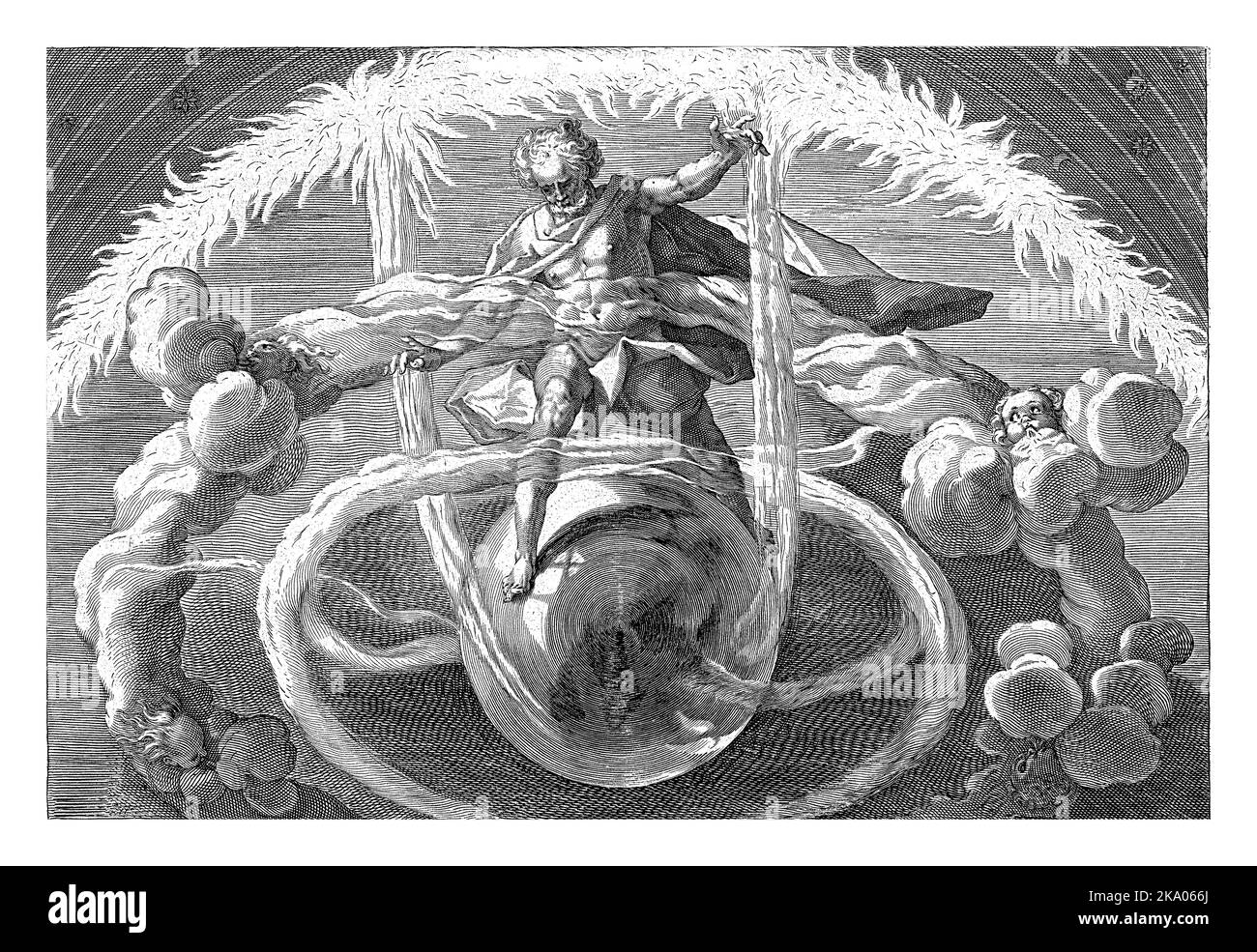 Una figura di dio maschio che si erge, in mezzo alle nuvole, su un globo sotto un cielo stellato ardente. Sotto l'esecuzione due righe di testo latino Foto Stock