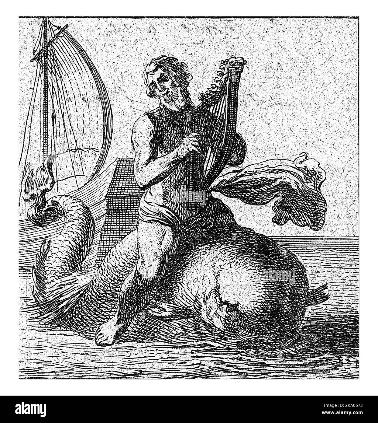 Arion, seduto sul delfino, gioca la lira. Sullo sfondo c'è la nave che lasciò. Foto Stock