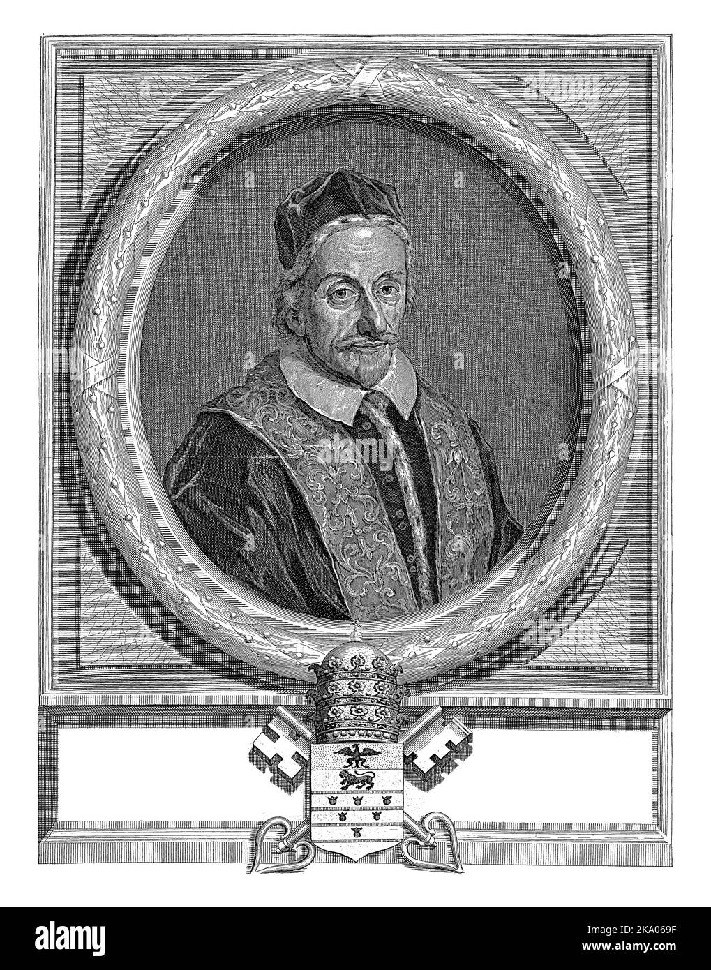 Ritratto in cornice ovale di Papa Innocenzo XI A metà strada a destra. Sotto il ritratto lo stemma papale. Foto Stock